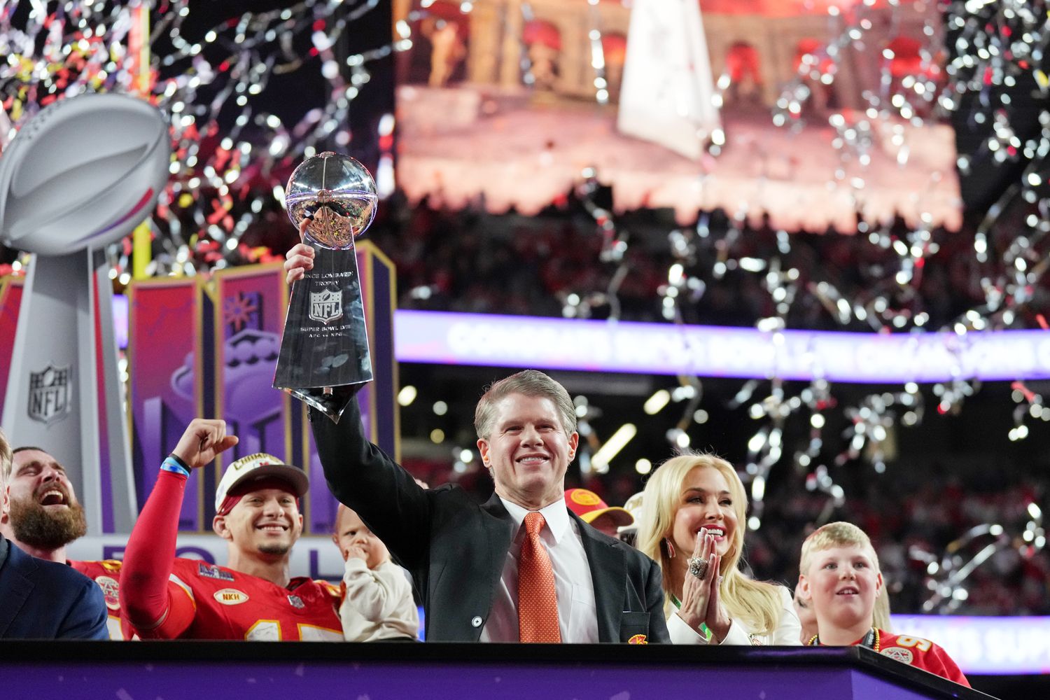 Feb 11, 2024; Paradise, Nevada, USA; Kansas City Chiefs chairman and chief executive officer Clark Hunt holds up the the Vince Lombardi Trophy after winning Super Bowl LVIII against the San Francisco 49ers at Allegiant Stadium. Mandatory Credit: Kirby Lee-USA TODAY Sports  
